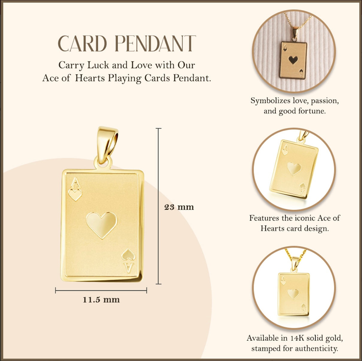 14K Yellow Gold Ace Of Hearts Playing Cards Pendant Necklace