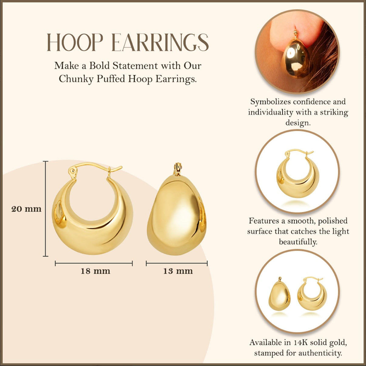 14K Yellow-Gold Chunky Puffed Hoop Earrings
