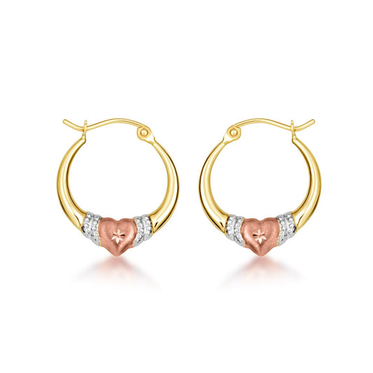 Tri-Color Gold Textured Heart Hoop Earrings
