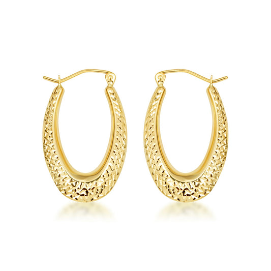 Yellow Gold Diamond Cut Oval Hoop Earrings